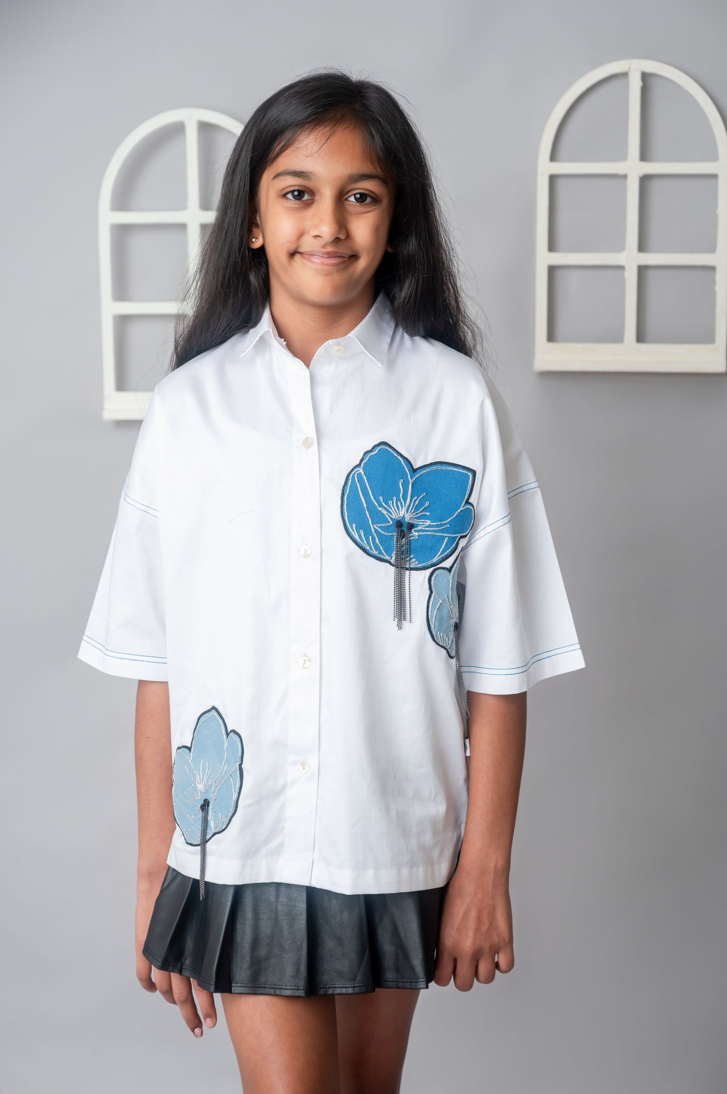 Abstract Flower poplin oversize shirt-3