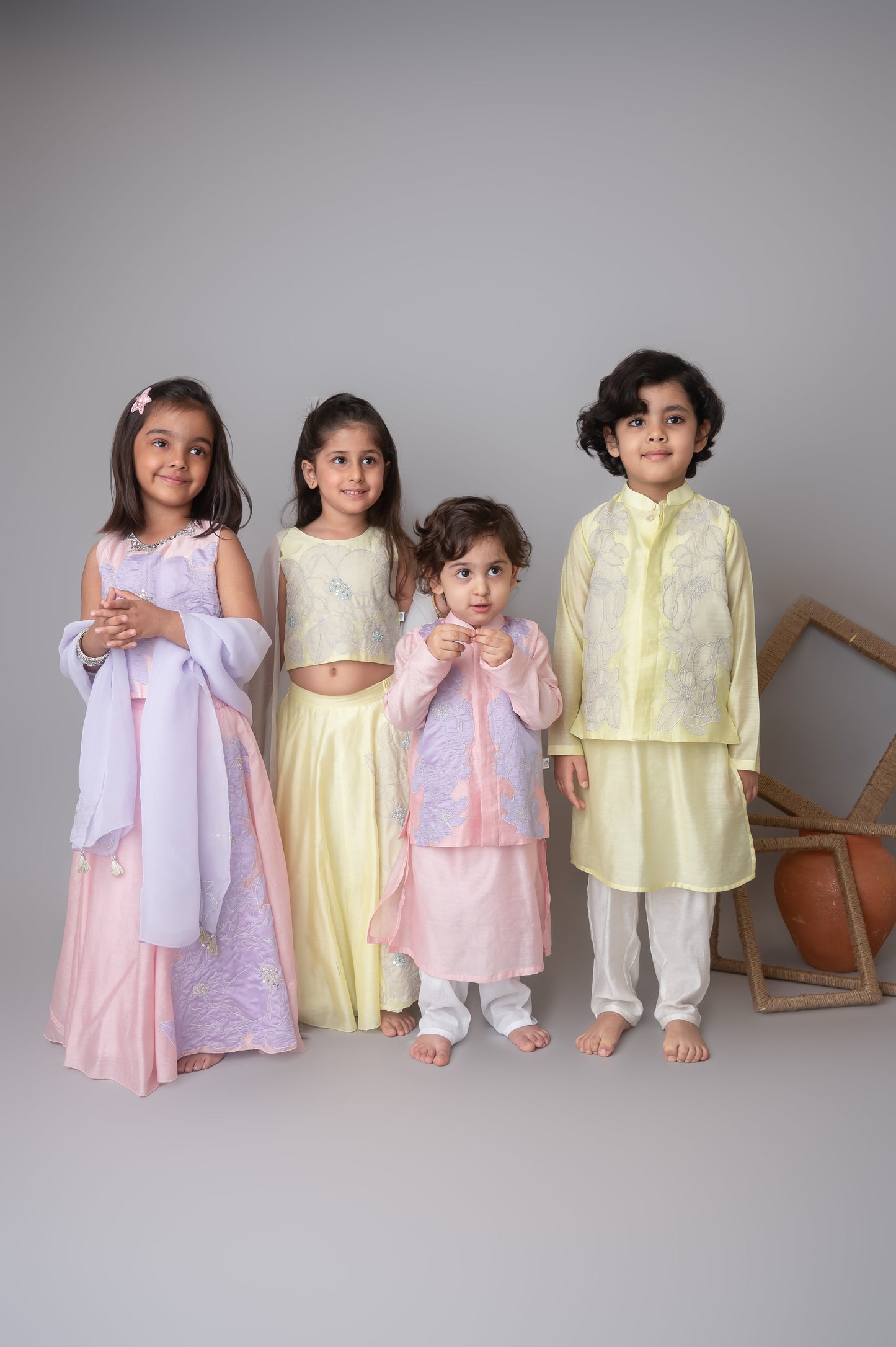 Pink floral applique bandhgala and kurta set for infant boys