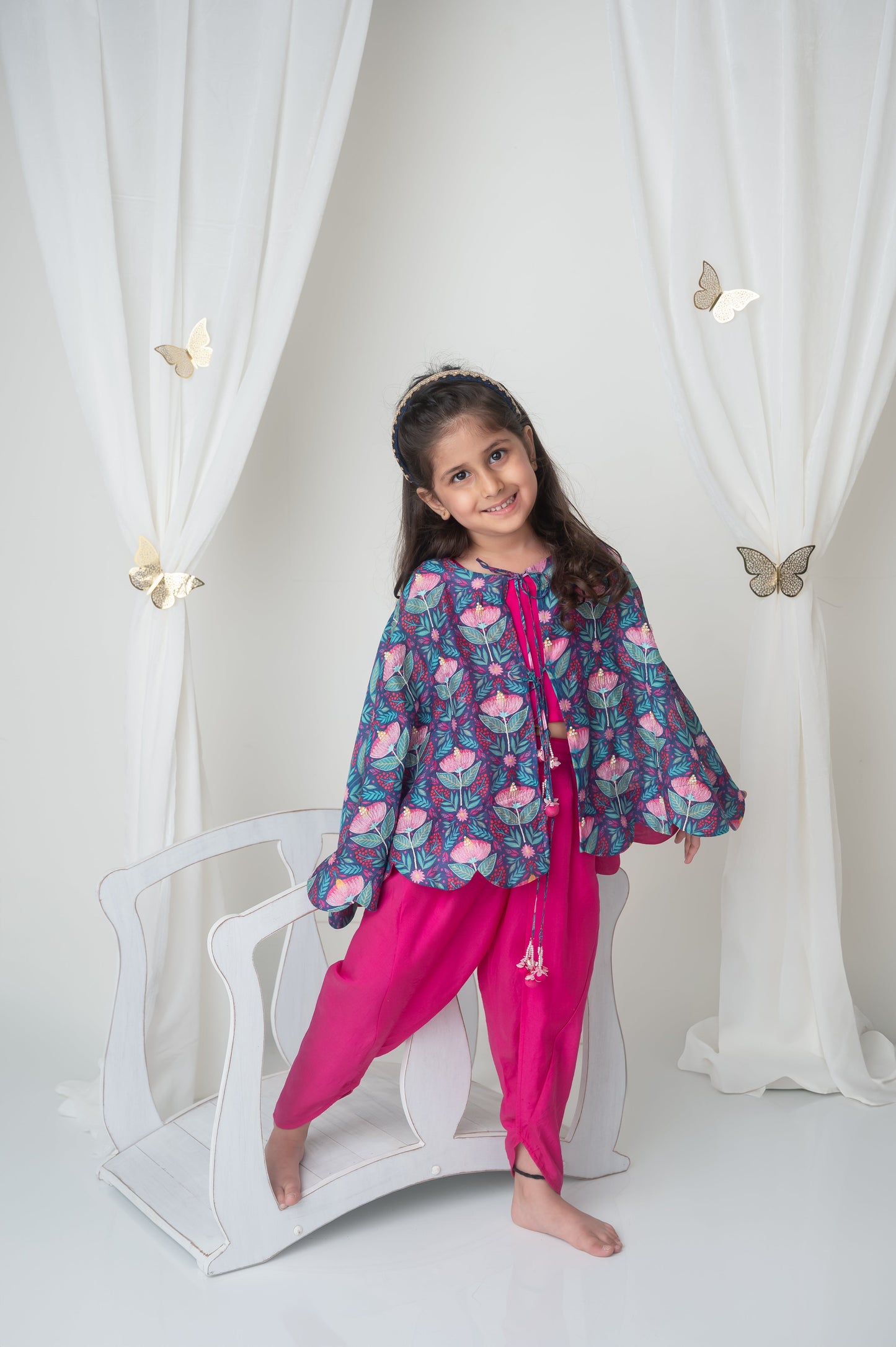 Floral printed cape and dhoti set for infant girls