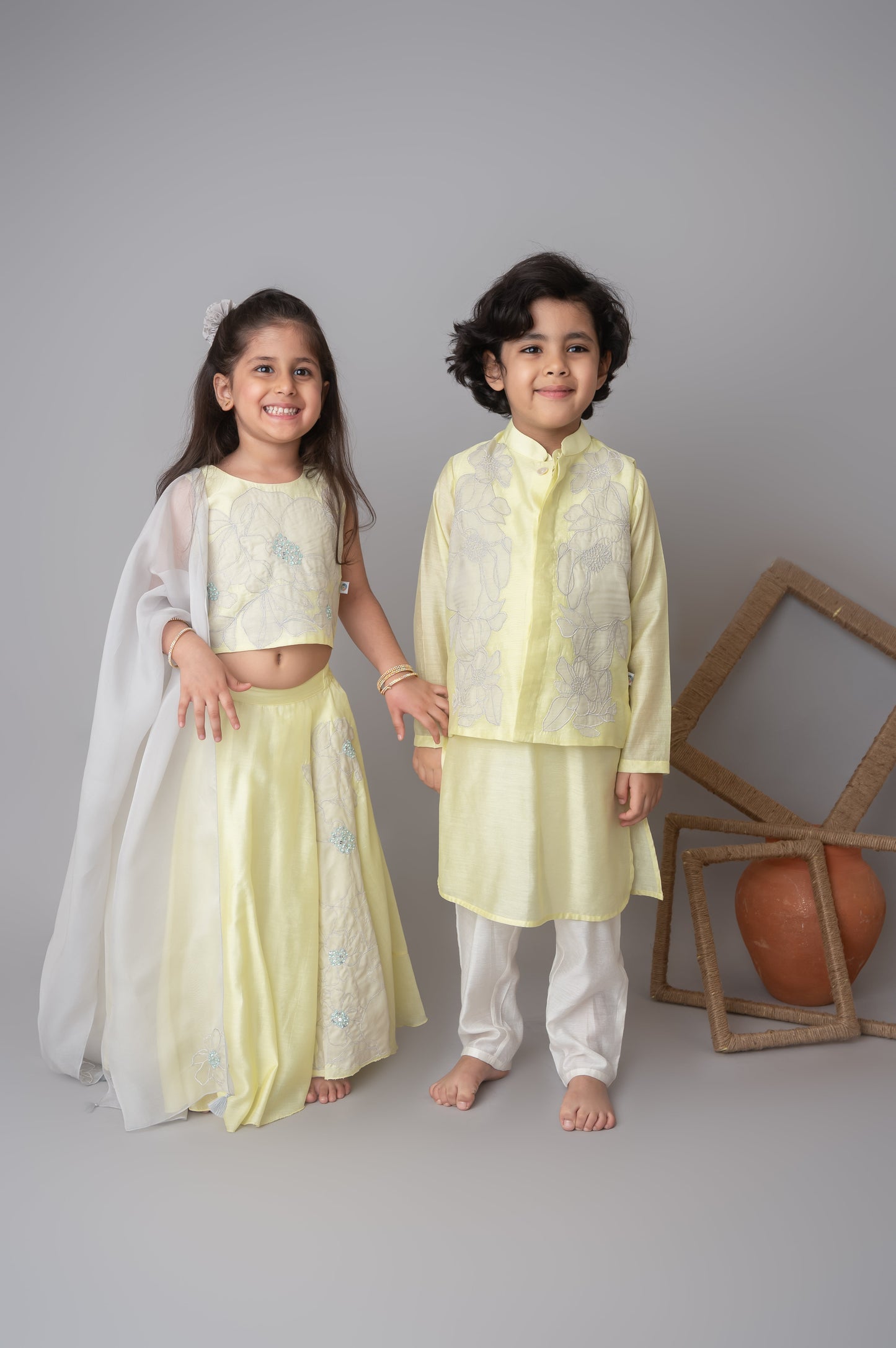 Lemon floral applique bandhgala and kurta set