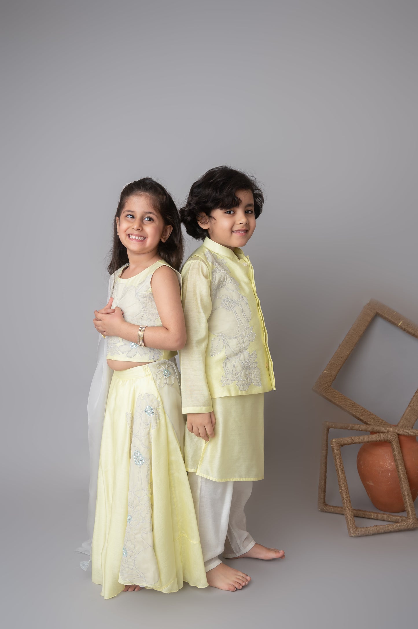 Lemon floral applique bandhgala and kurta set
