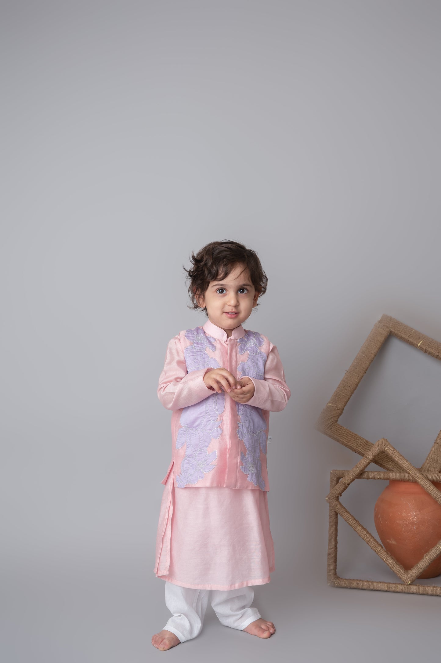 Pink floral applique bandhgala and kurta set for infant boys