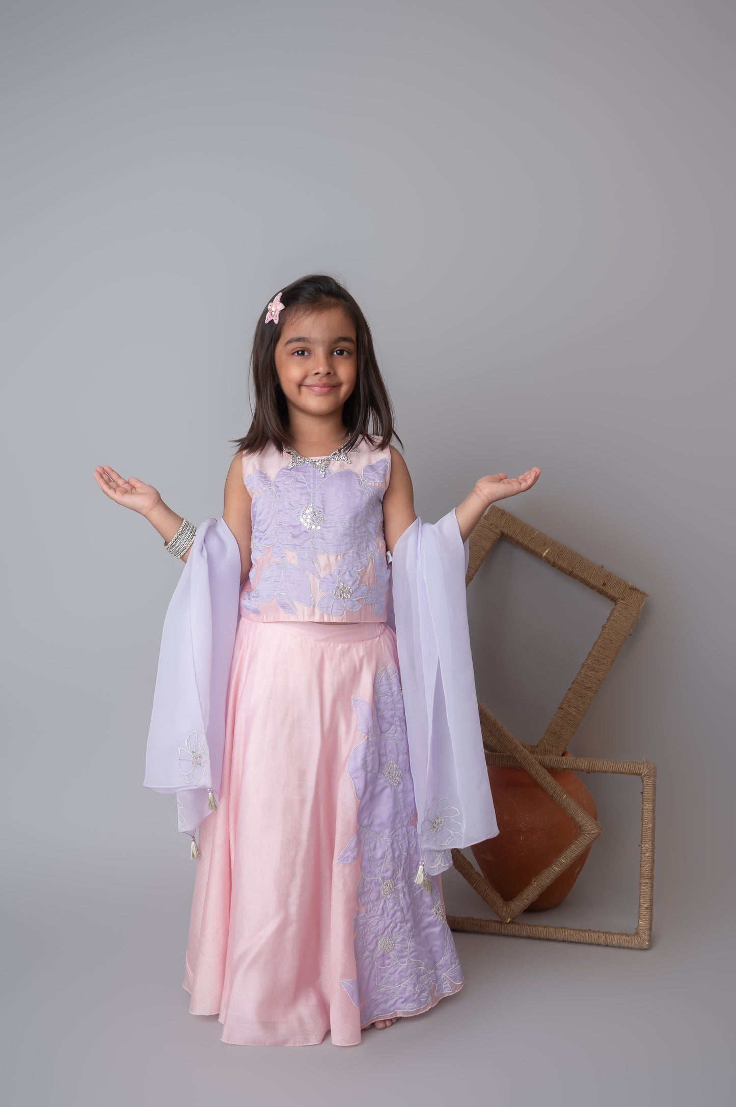 Pink floral applique lehnga set for infant girls
