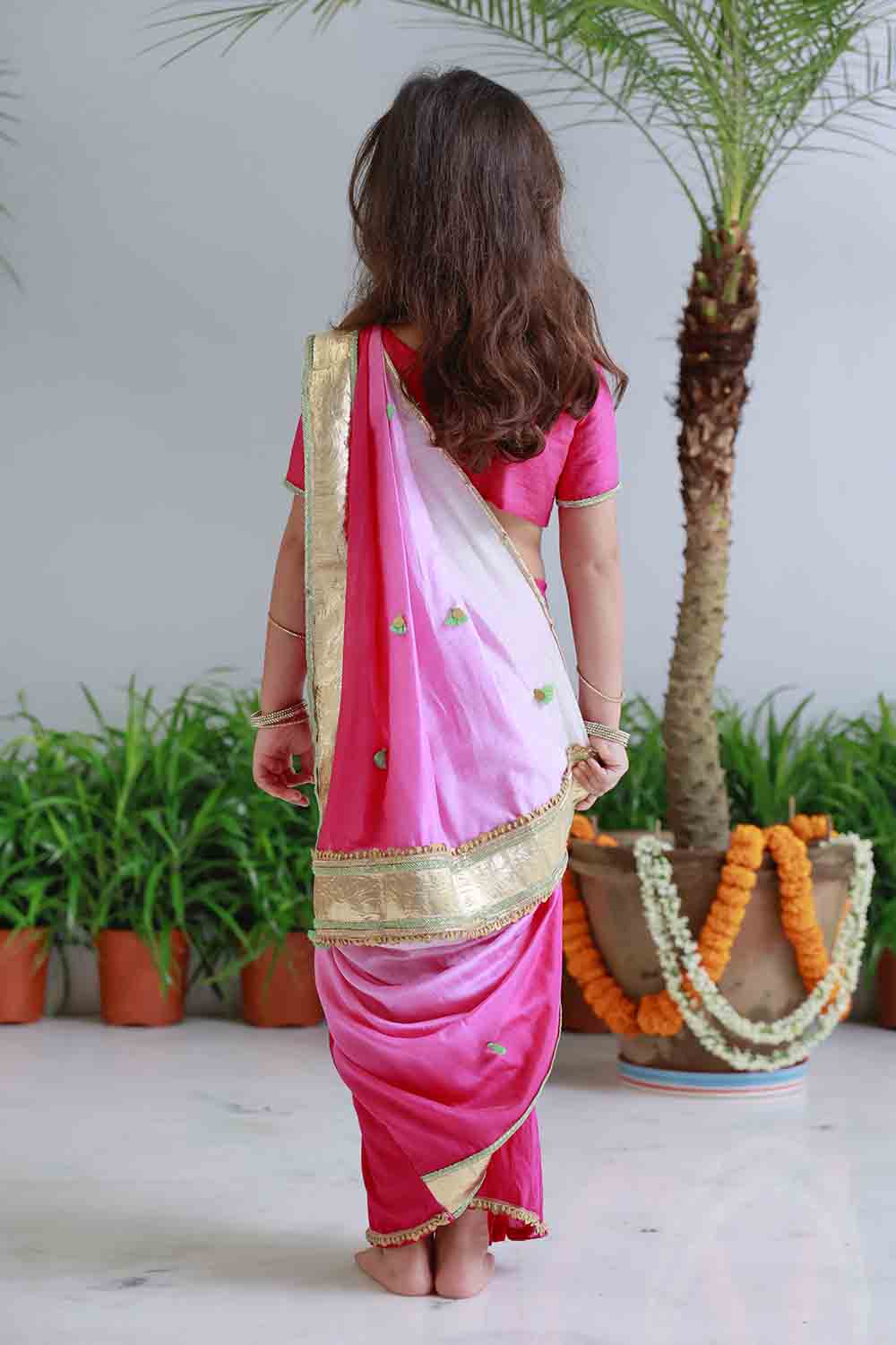 Fuchsia shaded pre draped sari for infant girls