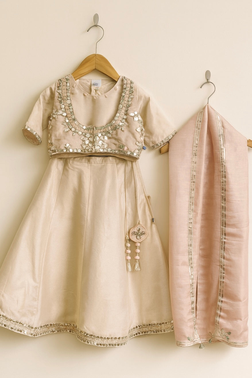 Mirror embroidery tissue lehnga set for infant girls