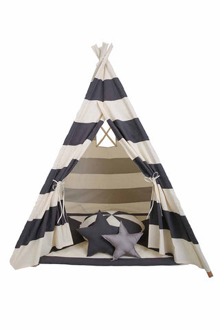 Grey striped tee pee tent with mat and cushions
