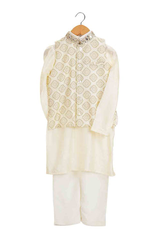 Ivory gold print bandhgala set for boys