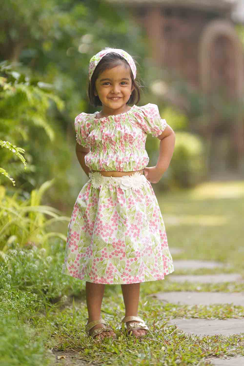 Smocked printed crop top and skirt set for girls – MiDulceAny'a