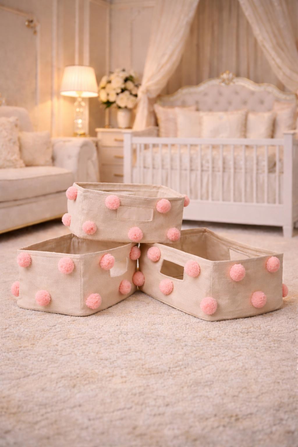 Pompom rectangle storage basket set