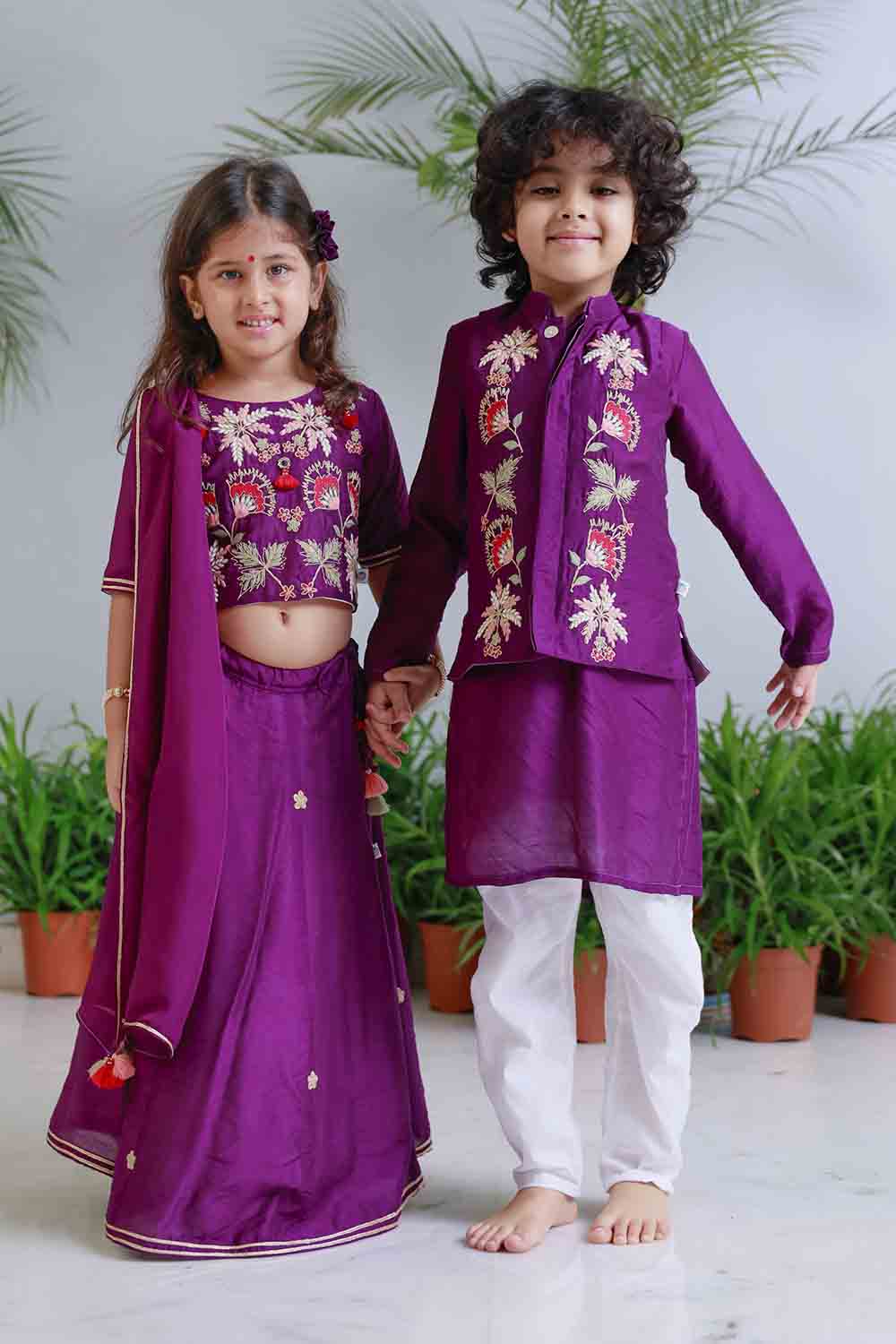 Purple traditional embroidered kurta set
