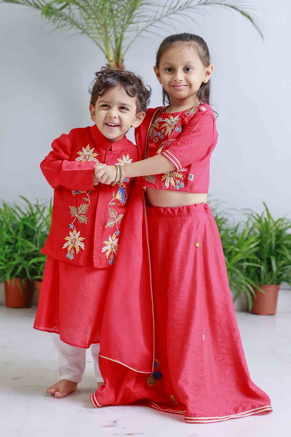 Red traditional embroidered kurta set