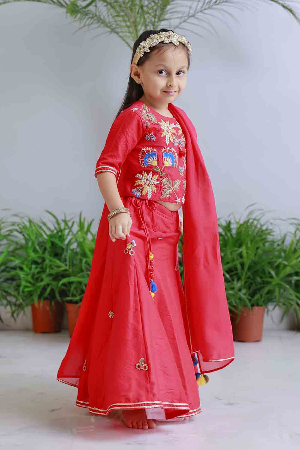 Red traditional embroidered lehnga set for infant girls