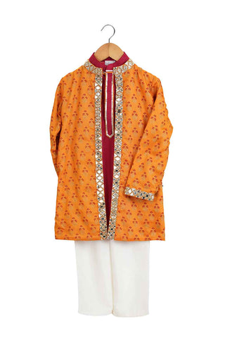 Saffron mirror embroidered sherwani set for boys