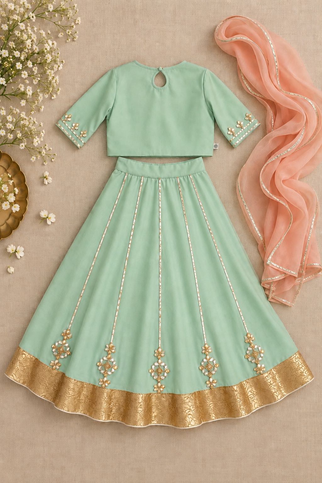 Sea-green embroidered Gota lehnga for girls