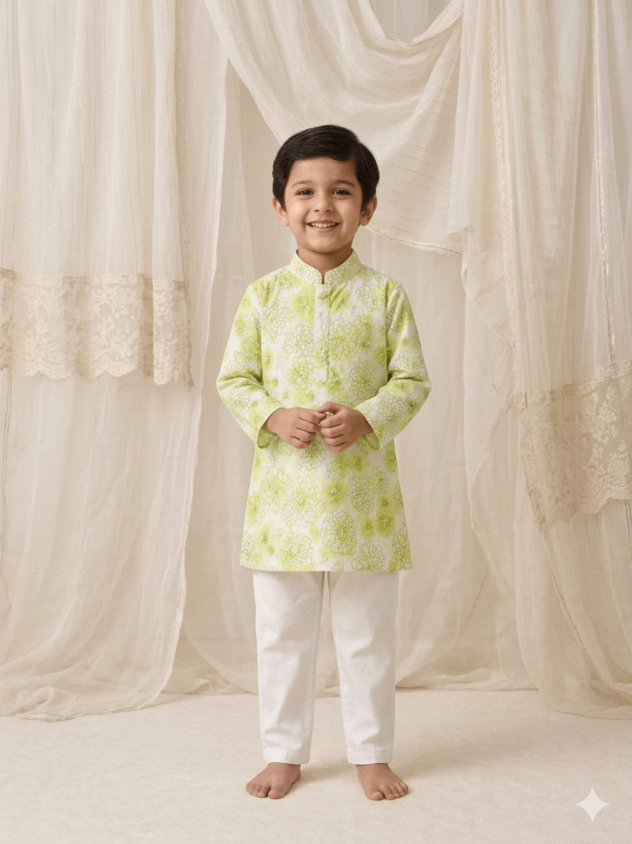 Lime printed Kurta Set for infant boys
