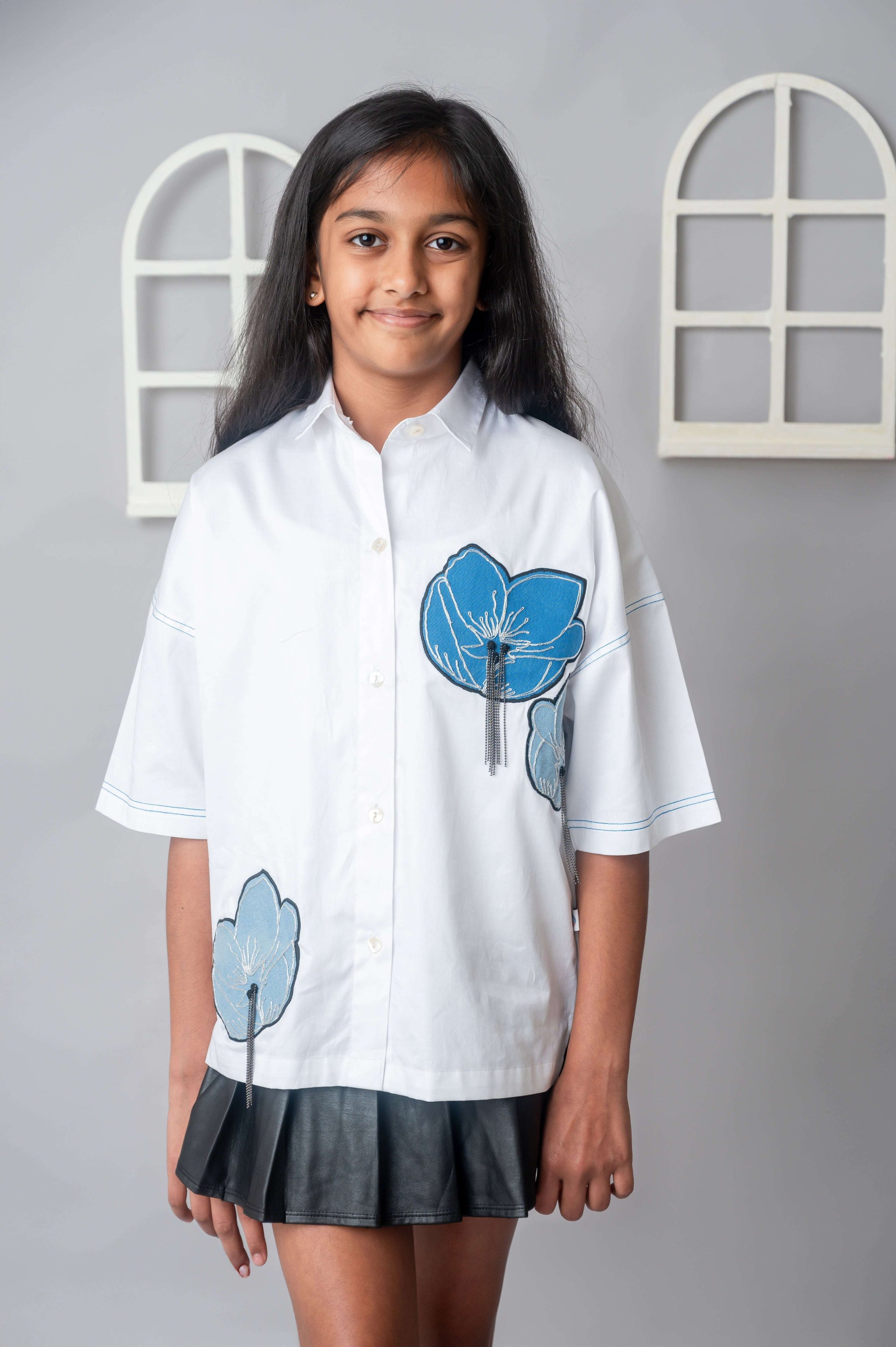 Abstract Flower poplin oversize shirt-3