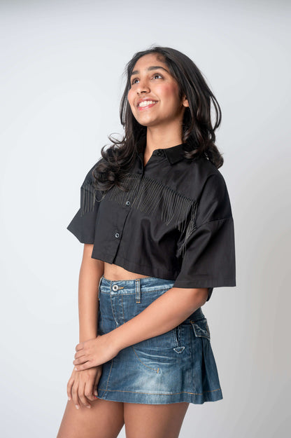 All-around fringe cropped poplin shirt-3