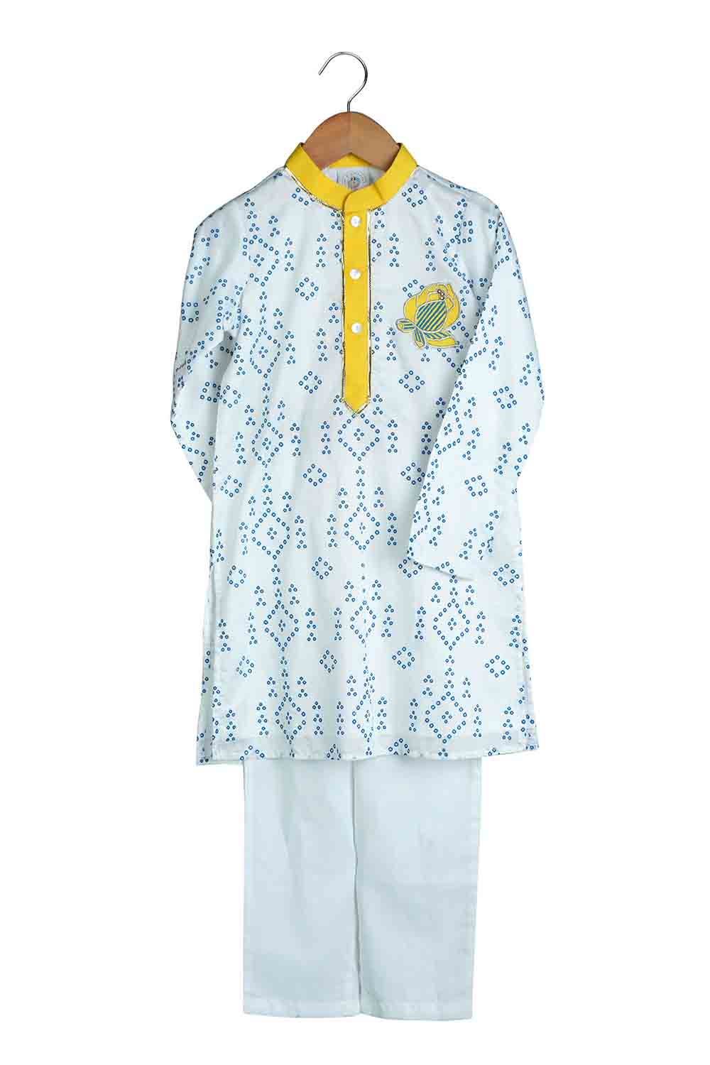 Cobalt embroidered motif Bandhej kurta for boys