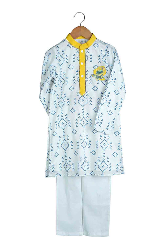 Cobalt embroidered motif Bandhej kurta for boys