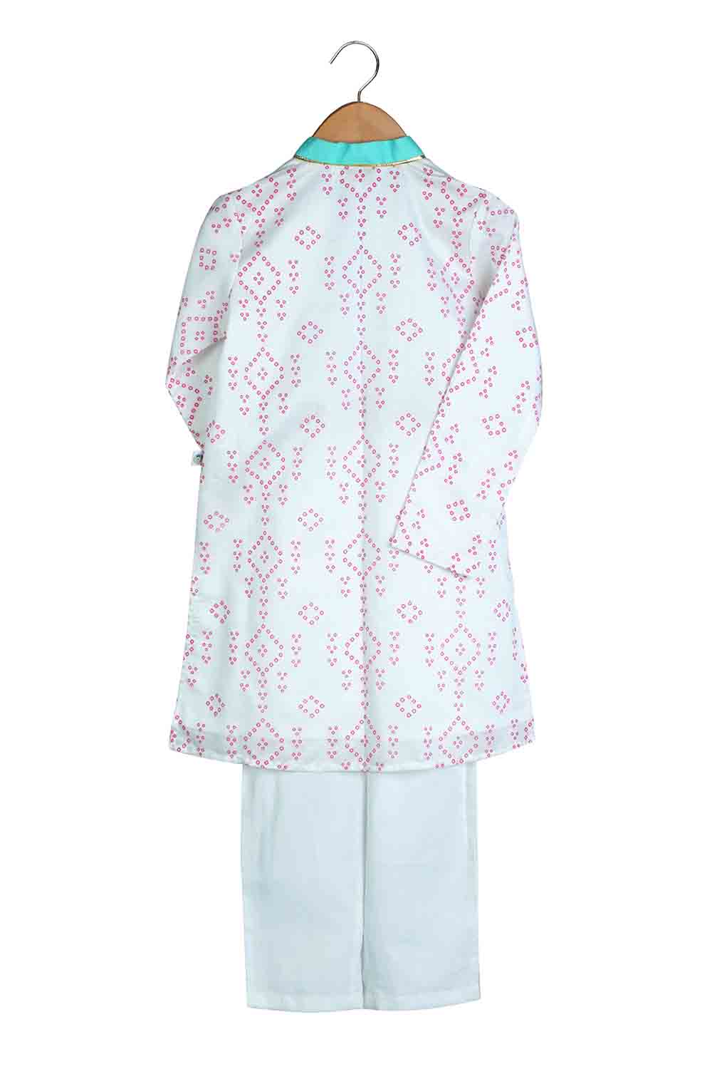 Turquoise embroidered bandhej kurta for boys