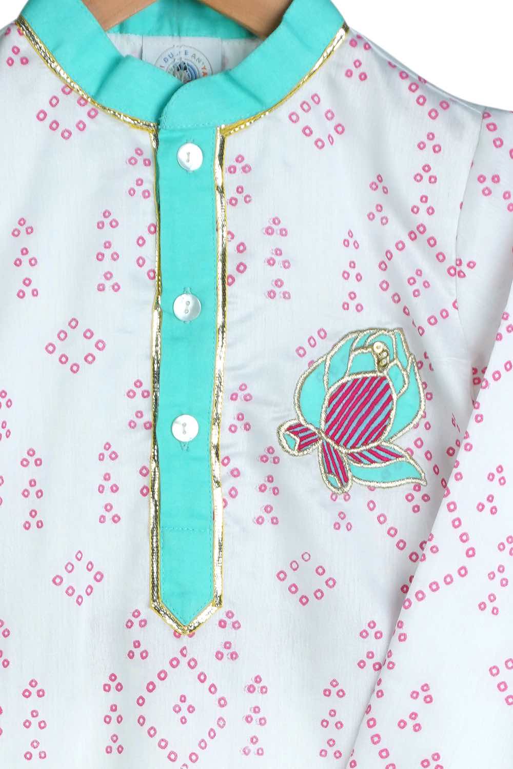 Turquoise embroidered bandhej kurta for boys