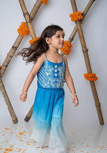 Cobalt Embroidered crop top with shaded pants for girls