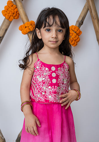 Fuschia Embroidered crop top with shaded pants for girls