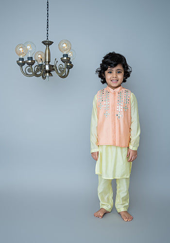 Peach Mirror embroidery bandhgala set for infant boys