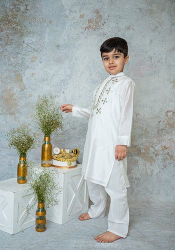 Ivory Mirror embroidery kurta set for boys
