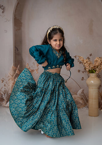 Teal Stylish crop top with tiered lehnga for girls