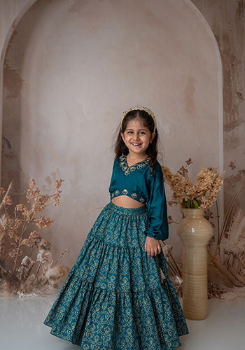 Teal Stylish crop top with tiered lehnga for girls