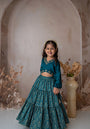 Teal Stylish crop top with tiered lehnga for girls