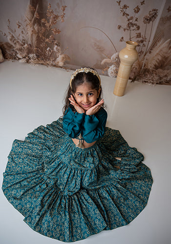 Teal Stylish crop top with tiered lehnga for girls
