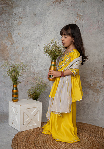 Yellow Mirror embroidery cut out sharara with dupatta for girls