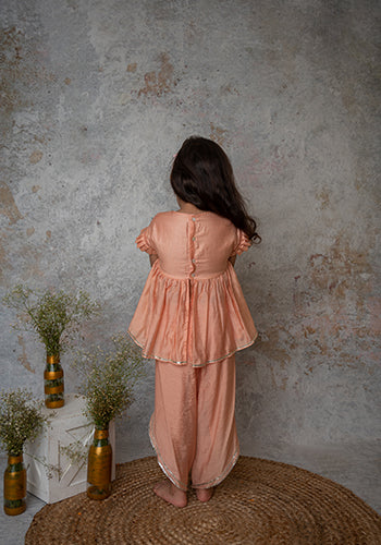 Peach Mirror embroidery dhoti set for infant girls
