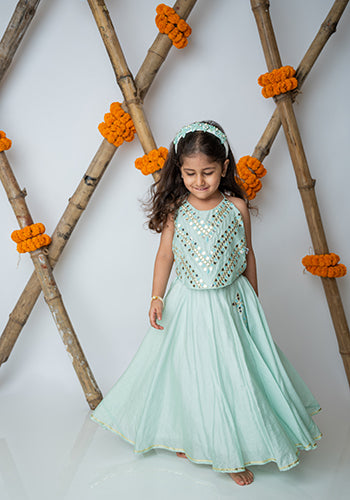 Sea green Mirror embroidery halter lehnga for infant girls