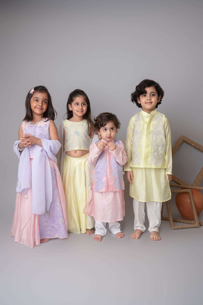 Pink floral applique bandhgala and kurta set for infant boys