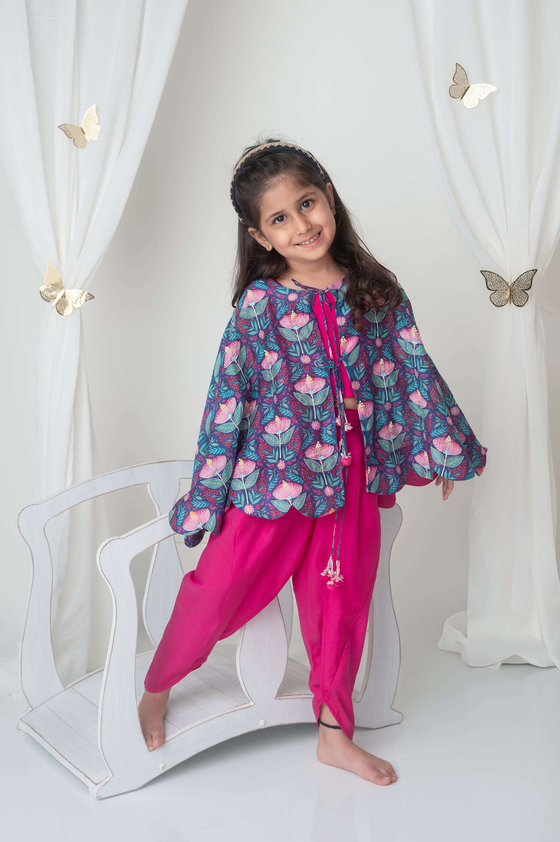 Floral printed cape and dhoti set