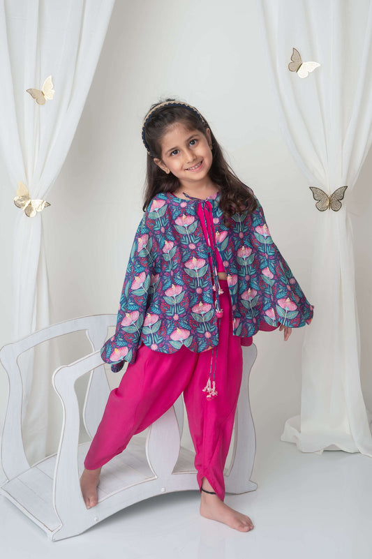 Floral printed cape and dhoti set for infant girls