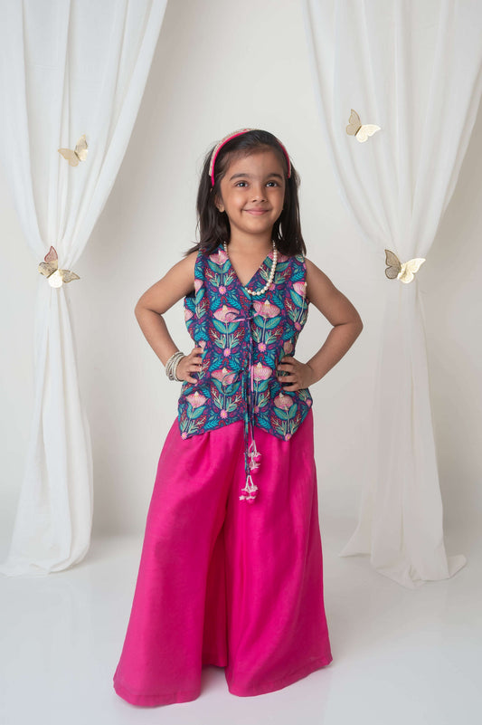 Floral printed waistcoat and sharara set for infant girls