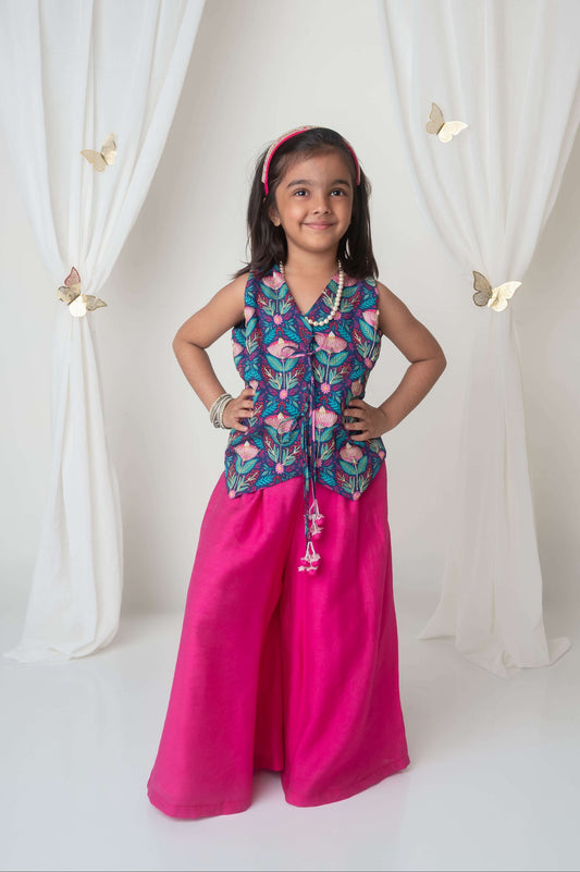 Floral printed waistcoat and sharara set