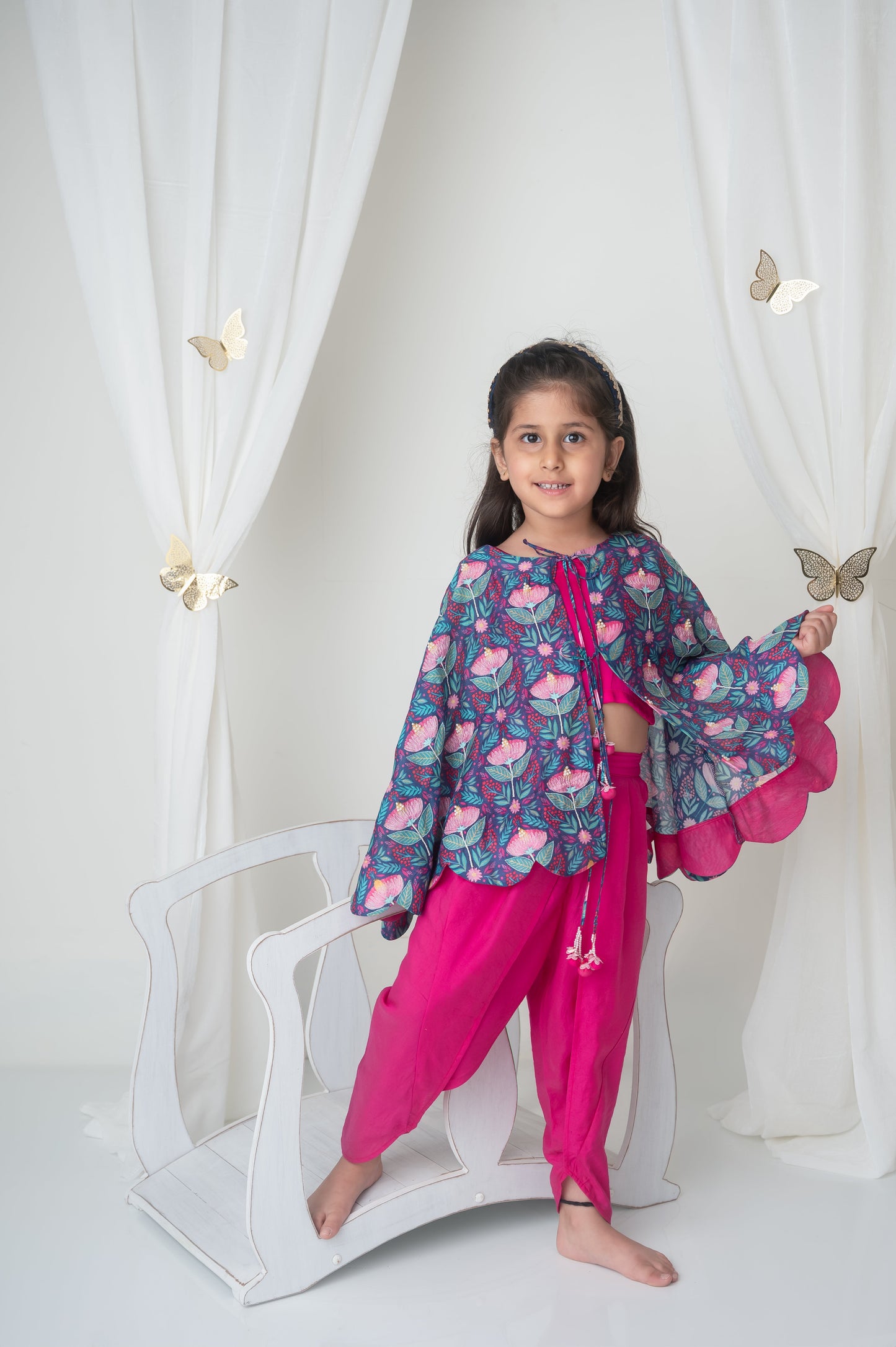 Floral printed cape and dhoti set for infant girls