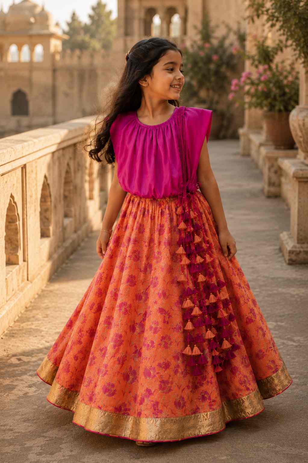 Fuchia Tasseled lehenga set for girls