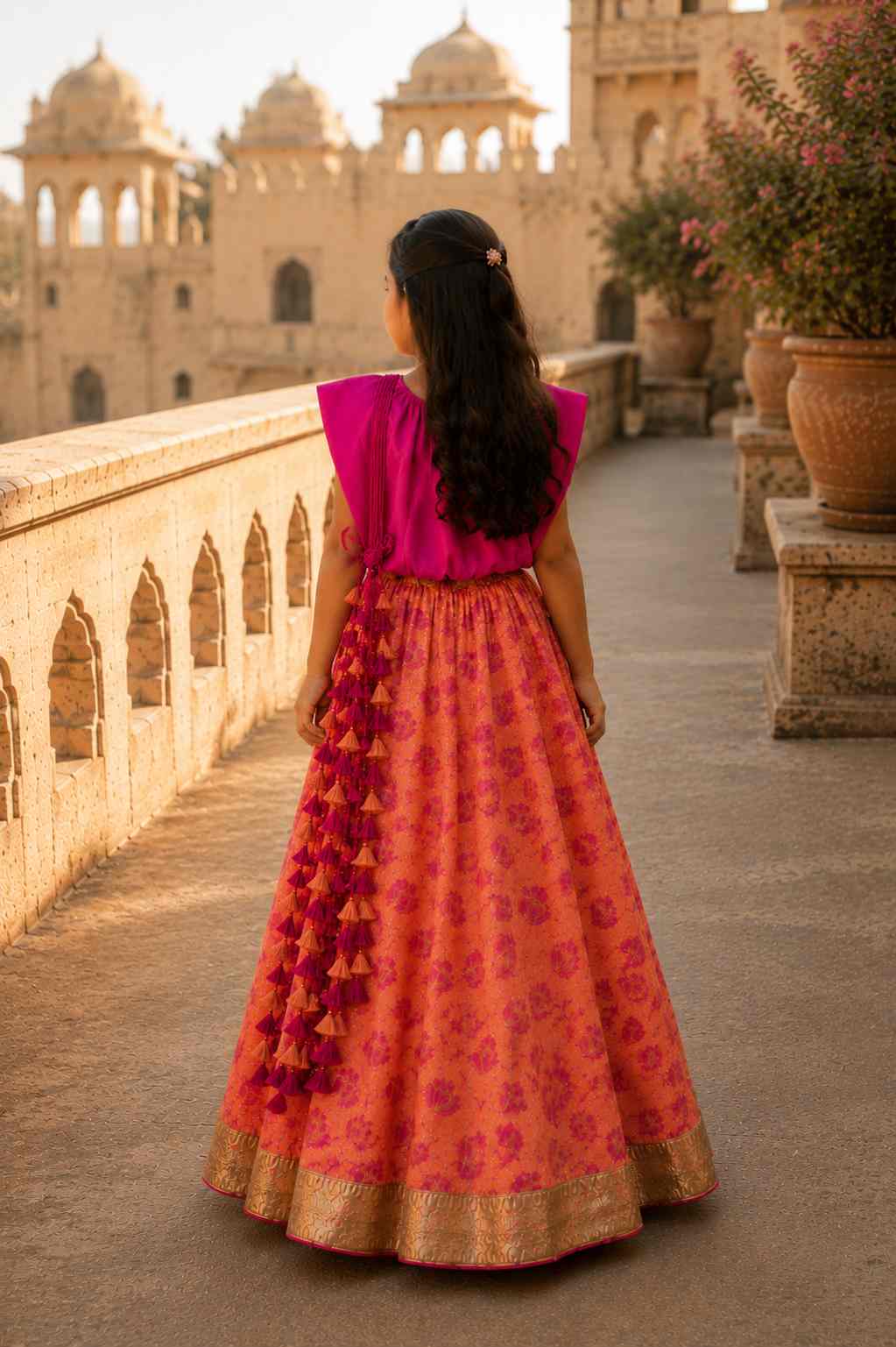Fuchia Tasseled lehenga set for girls