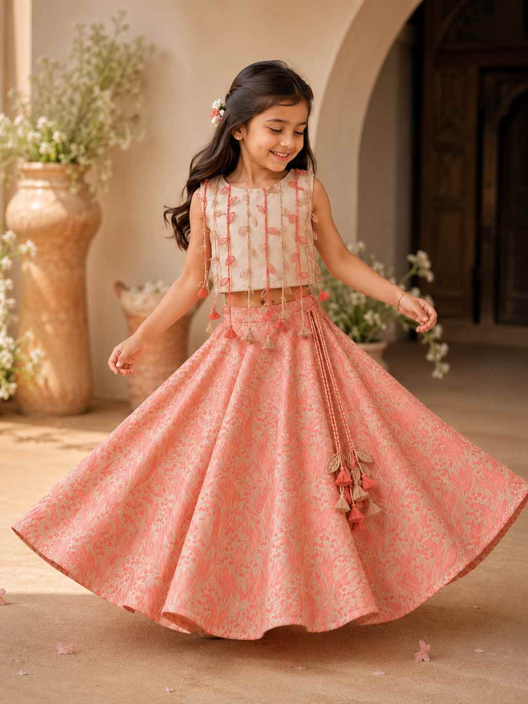 Pink leaf tassel lehnga set for infant girls