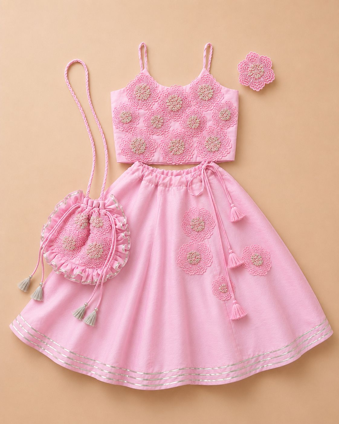 Pink floral embroidered lehenga set for infant girls