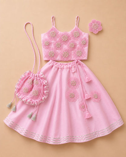 Pink floral embroidered lehenga set for infant girls