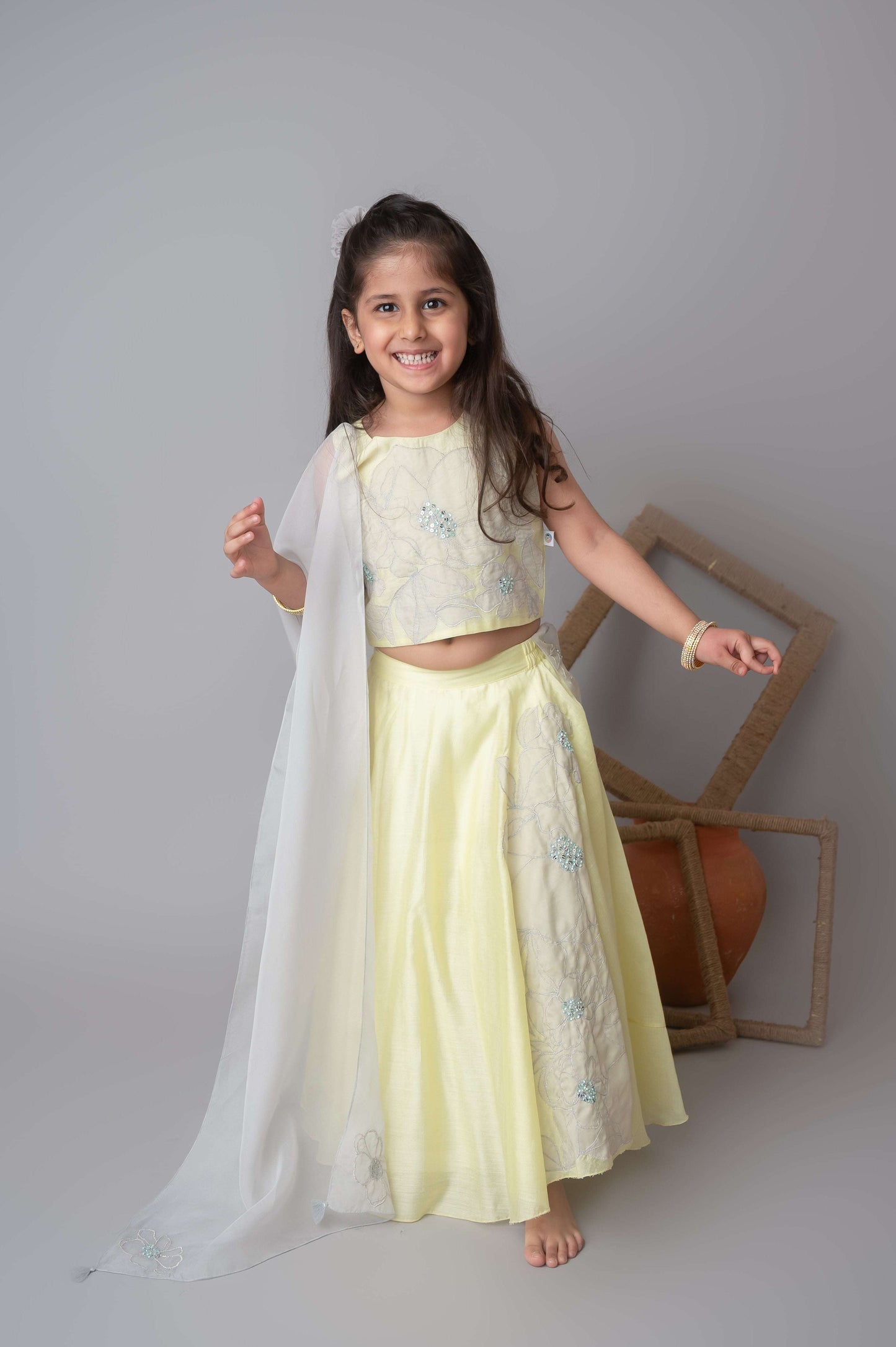 Lemon floral applique lehnga set for infant girls