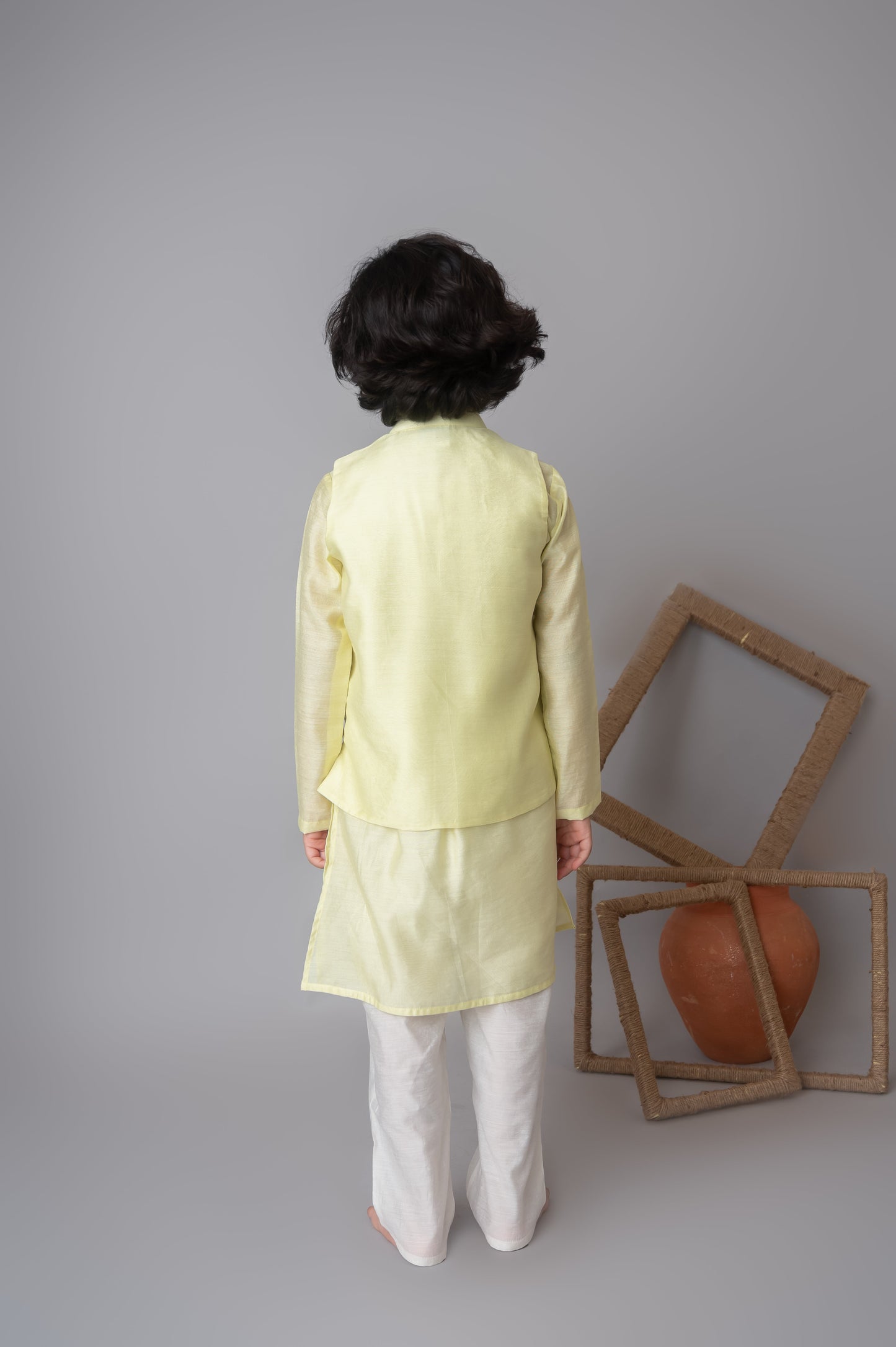 Lemon floral applique bandhgala and kurta set for infant boys