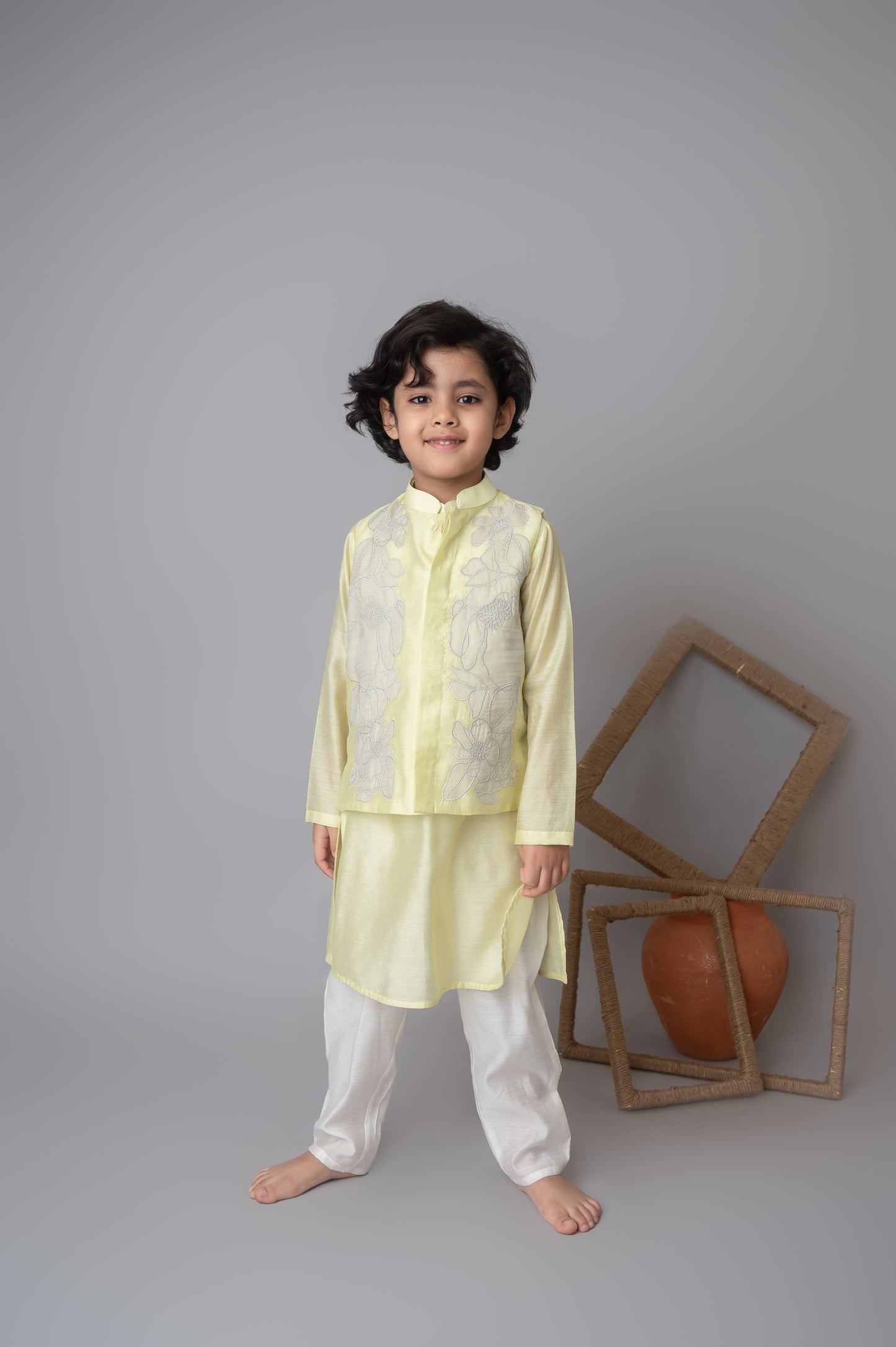 Lemon floral applique bandhgala and kurta set for infant boys